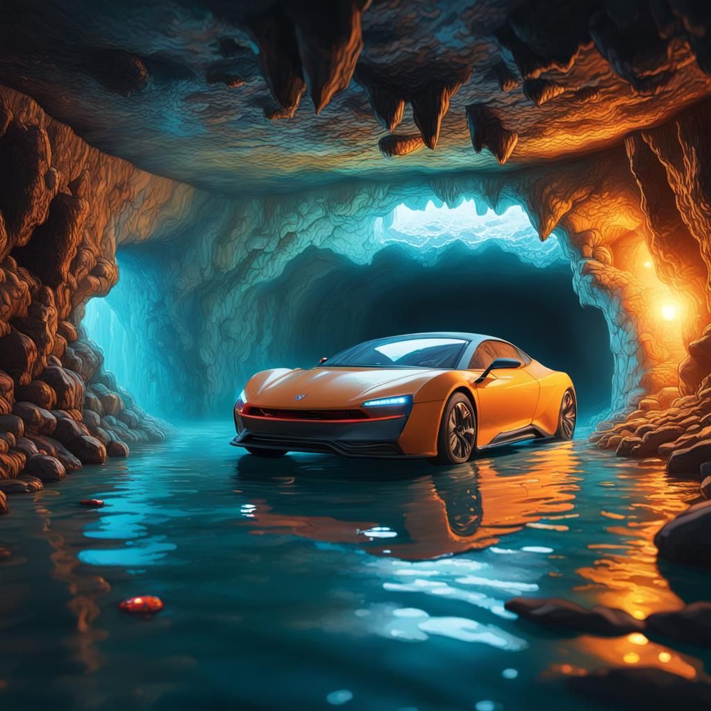 An underground cave and tunnel fully illuminated filled with water and robotic cars  by @Queen elsatyty