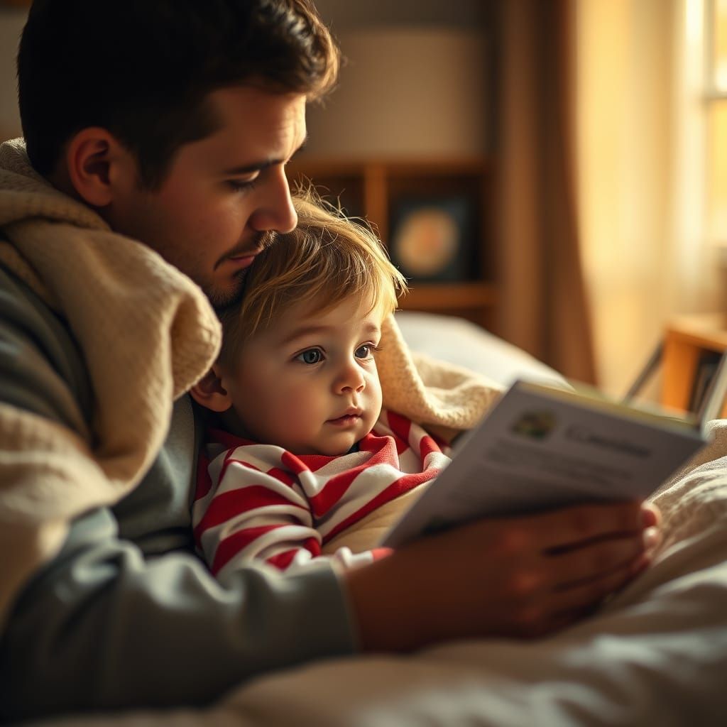 A cozy scene of bedtime stories, with a child tucked in and Dad reading a story.   by @Unca_C