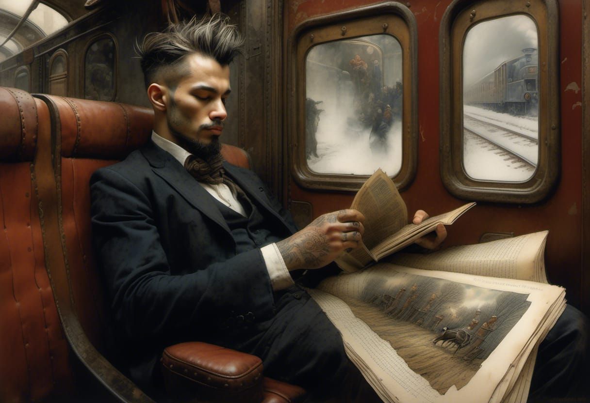Man on a train reviewing notes
