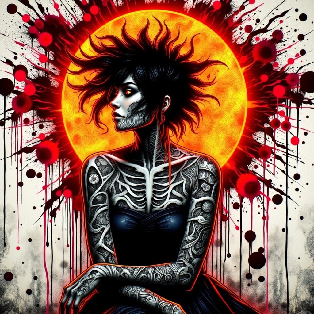 An alternative woman looking ay the sun. Tattoos. Zentangle background.  Ink drips. Dynamic lighting <lora:AlternaInk:1.0> 