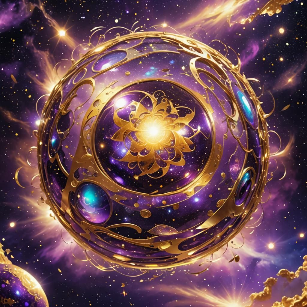 Glimmering Gold Purple Light Orb in Cosmic Sky
