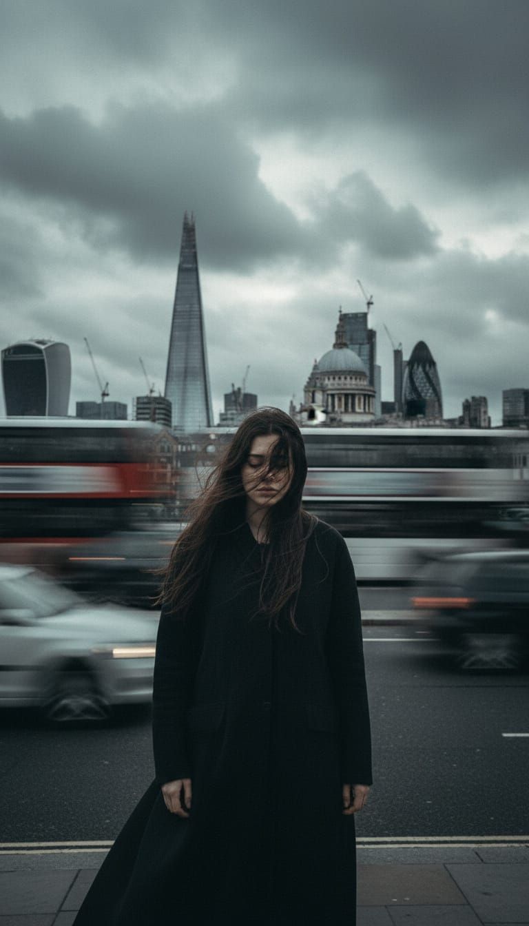 Make the traffic move really fast in the background and the woman's hair blow in the wind and her face look sad 