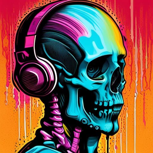 brian Ewing style illustration of a skeleton wearing headphones