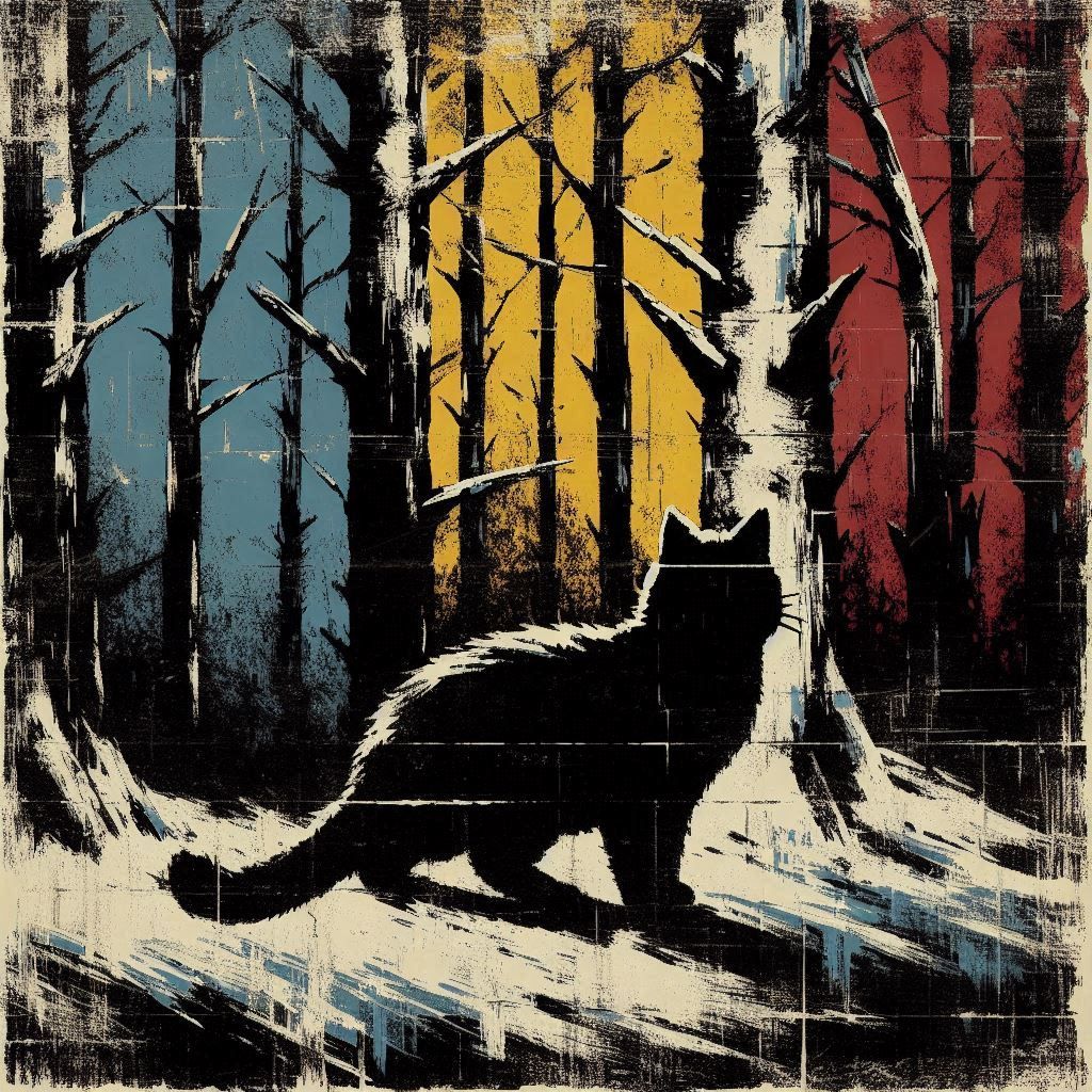 Abstract artwork with a black cat in the colorful woods