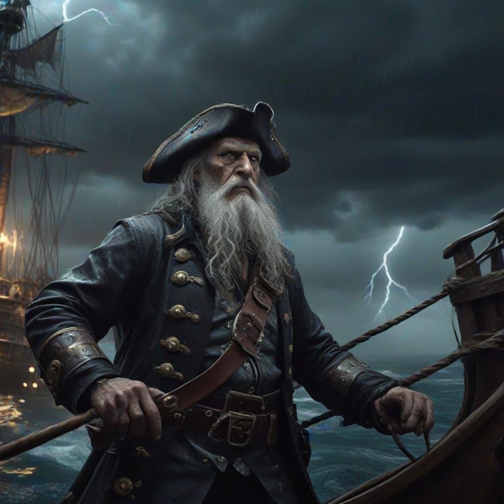 grizzled old pirate captain fishing from the bow of a ghostly galleon in massive thunderstorm, lightning illuminating skeleton crew, catchin...