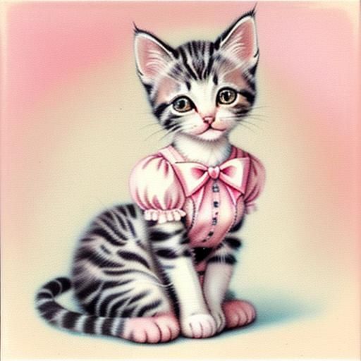 Kitten wearing pink bow vintage art greeting card 