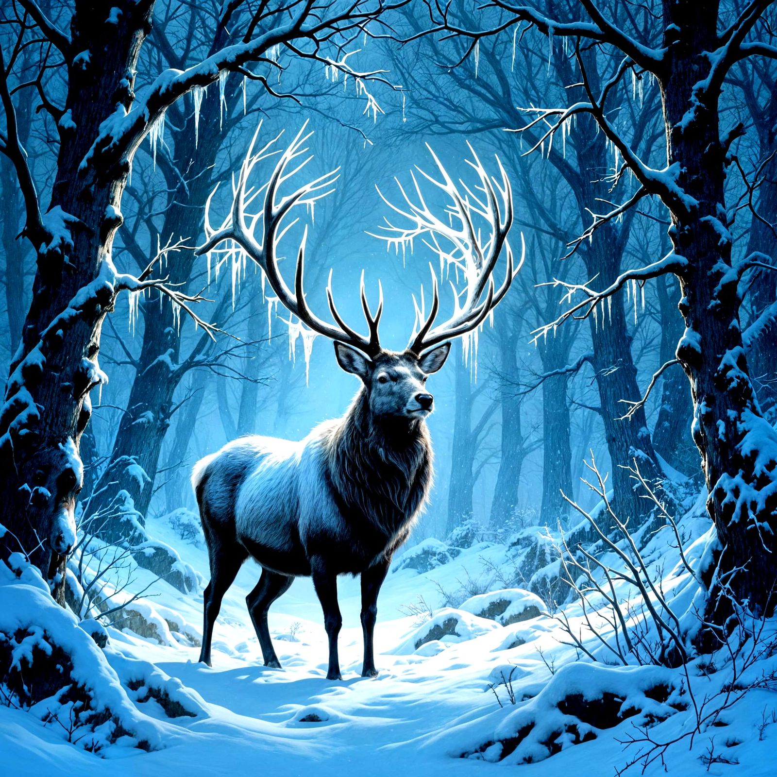 A majestic stag with antlers woven from moonlight and frost, standing in a snow-laden, ancient forest. ...  by @Mia