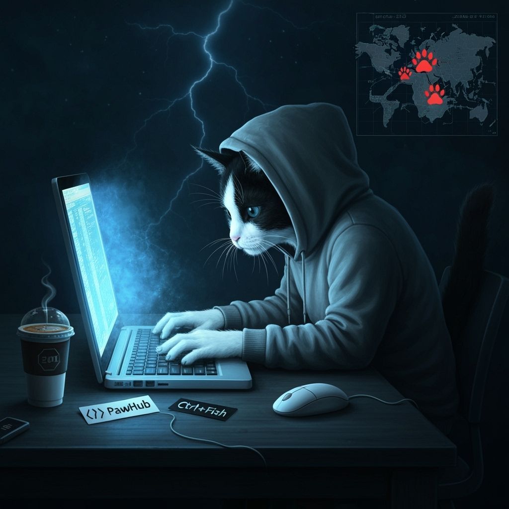 Cyberpunk Cat Coder in Dark Room