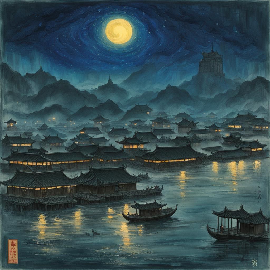 Stormy Night at Sea with Distant Lighthouse