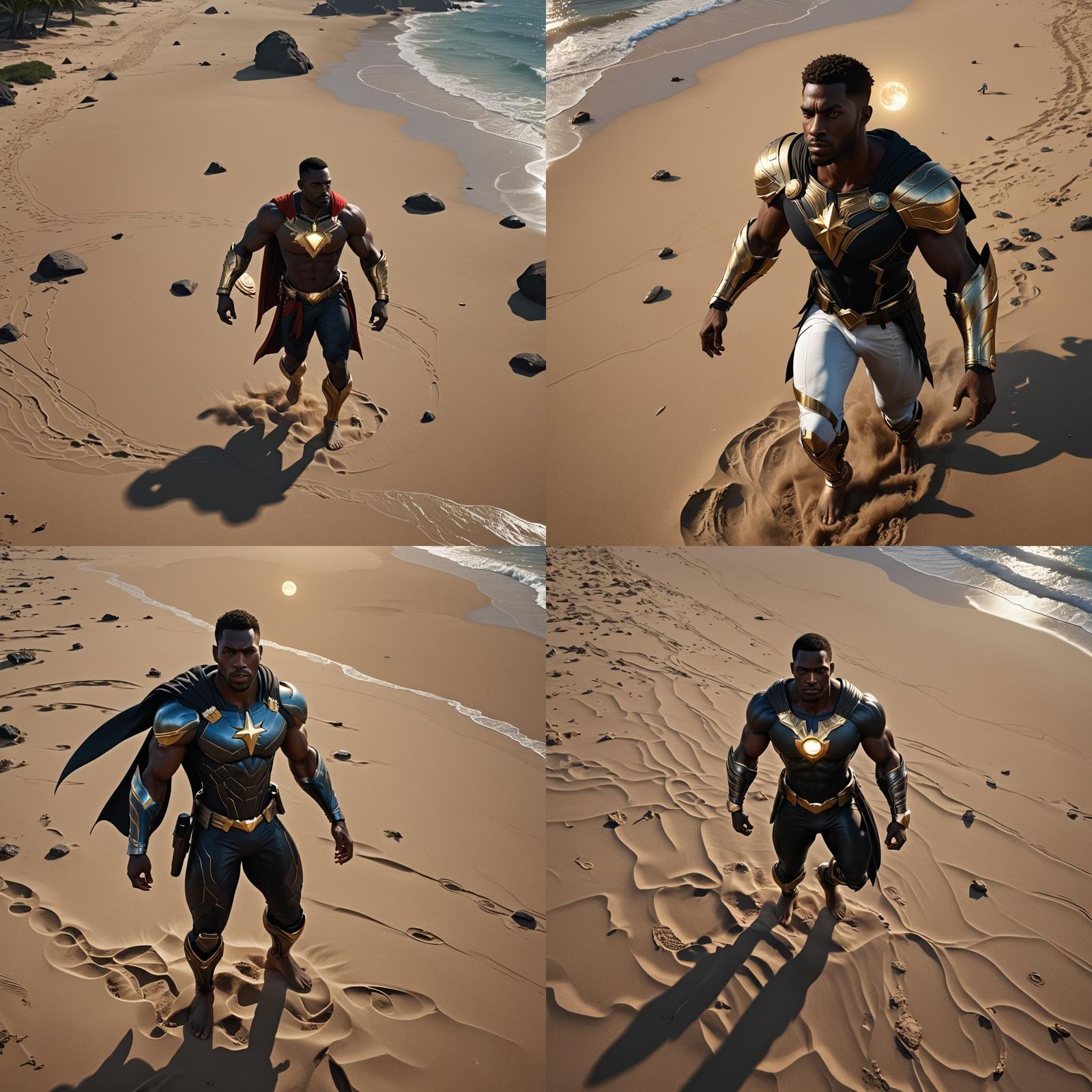Black man  , super hero, beach ,Africa, battlefield ,sun,moo...