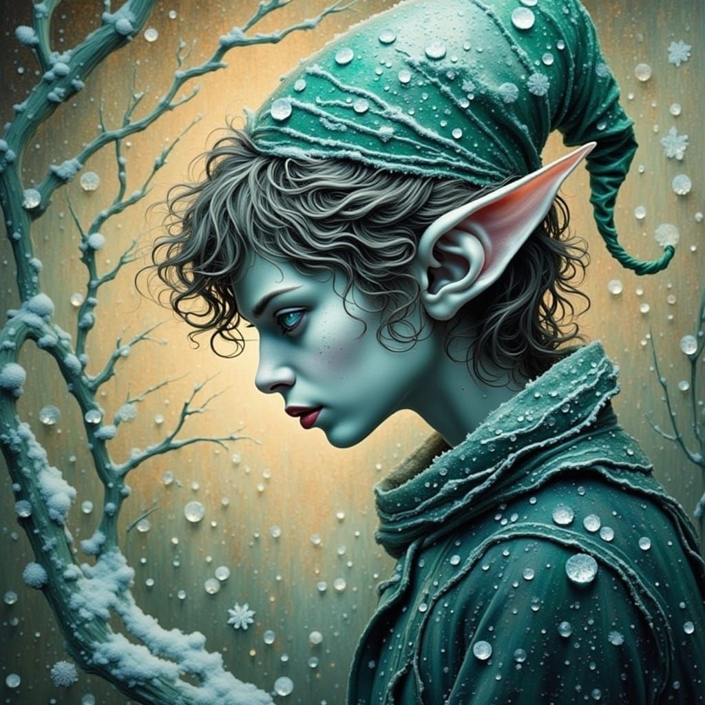 wicked Christmas elf, misty … dark Alcohol Ink, dust sparkles. Pencil smudges and paper crinkles aesthetic. Frosted foliage swaying in a bre...