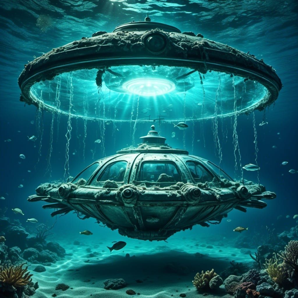  <lora:Astral Glow Expresso:1.0> a crashed 60's style ufo underwater at night
