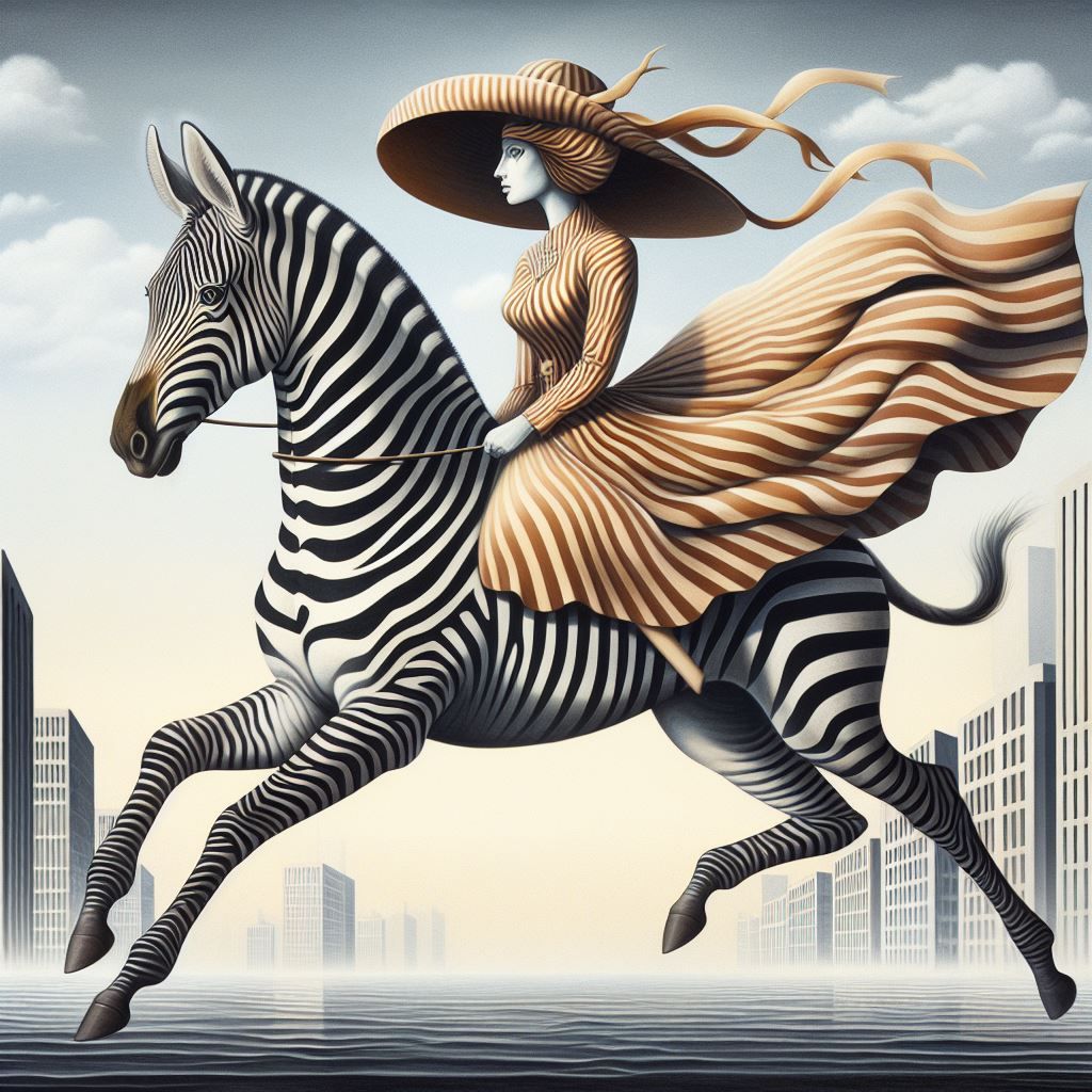 Woman riding zebra.