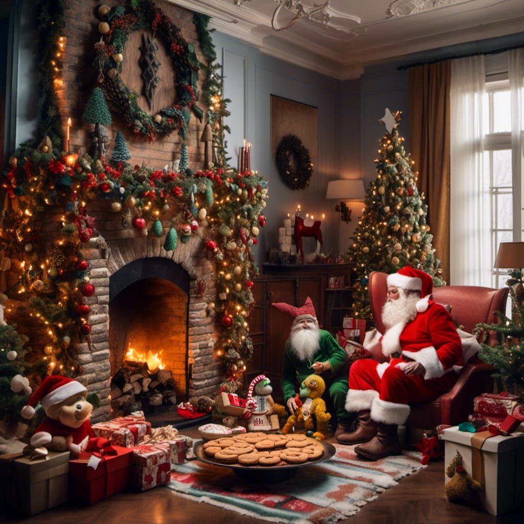 <lora:Fairy:1.0> The grinch is eating cookies with Santa Cla...