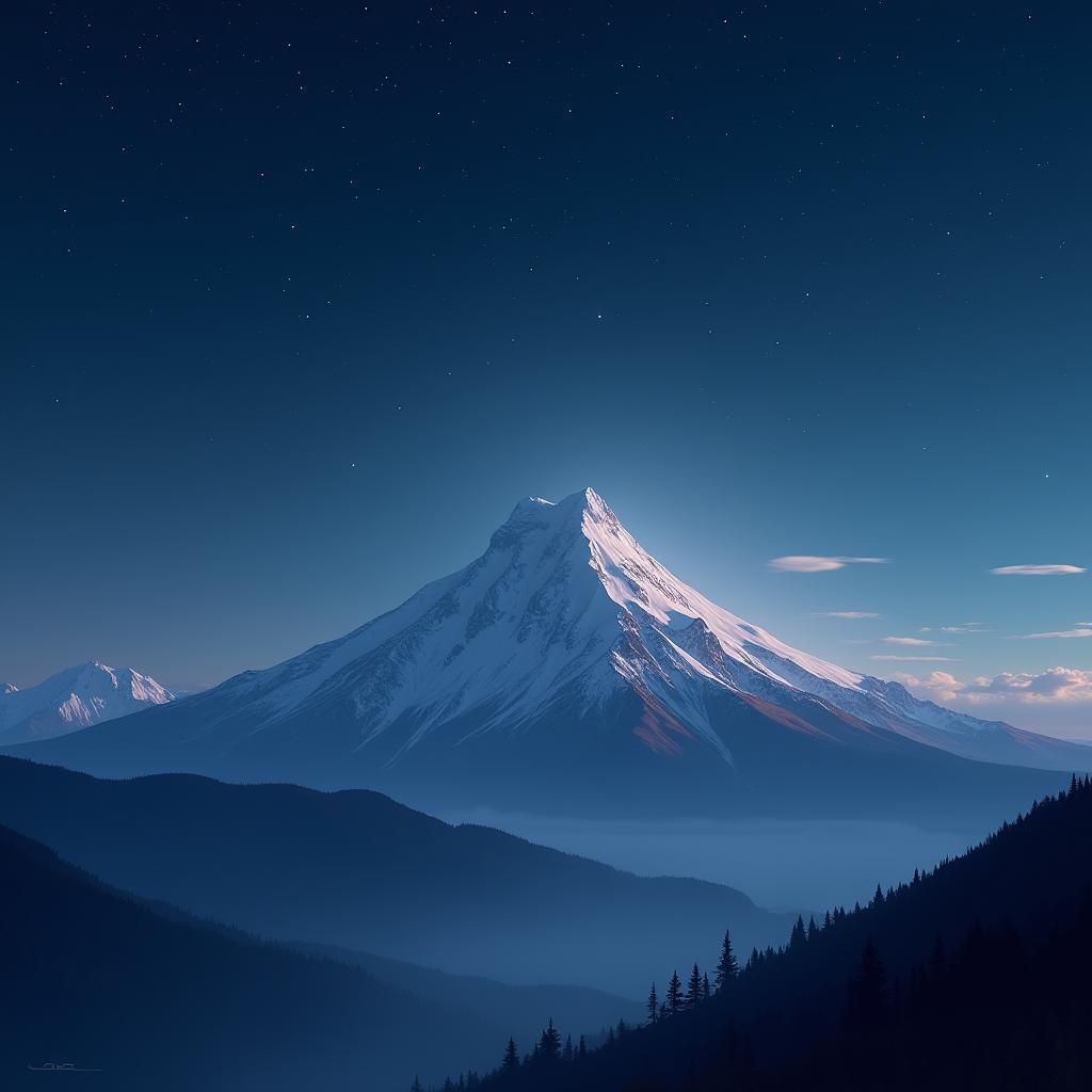 A great mountain, rounded top, rounded snowcapped summit, beneath a starry night sky