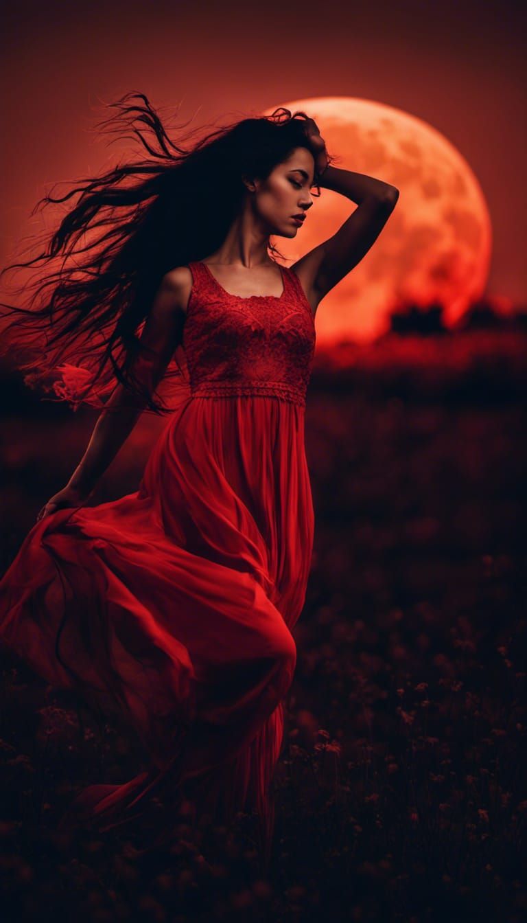Woman Dancing Under Red Moon in Blue Hour