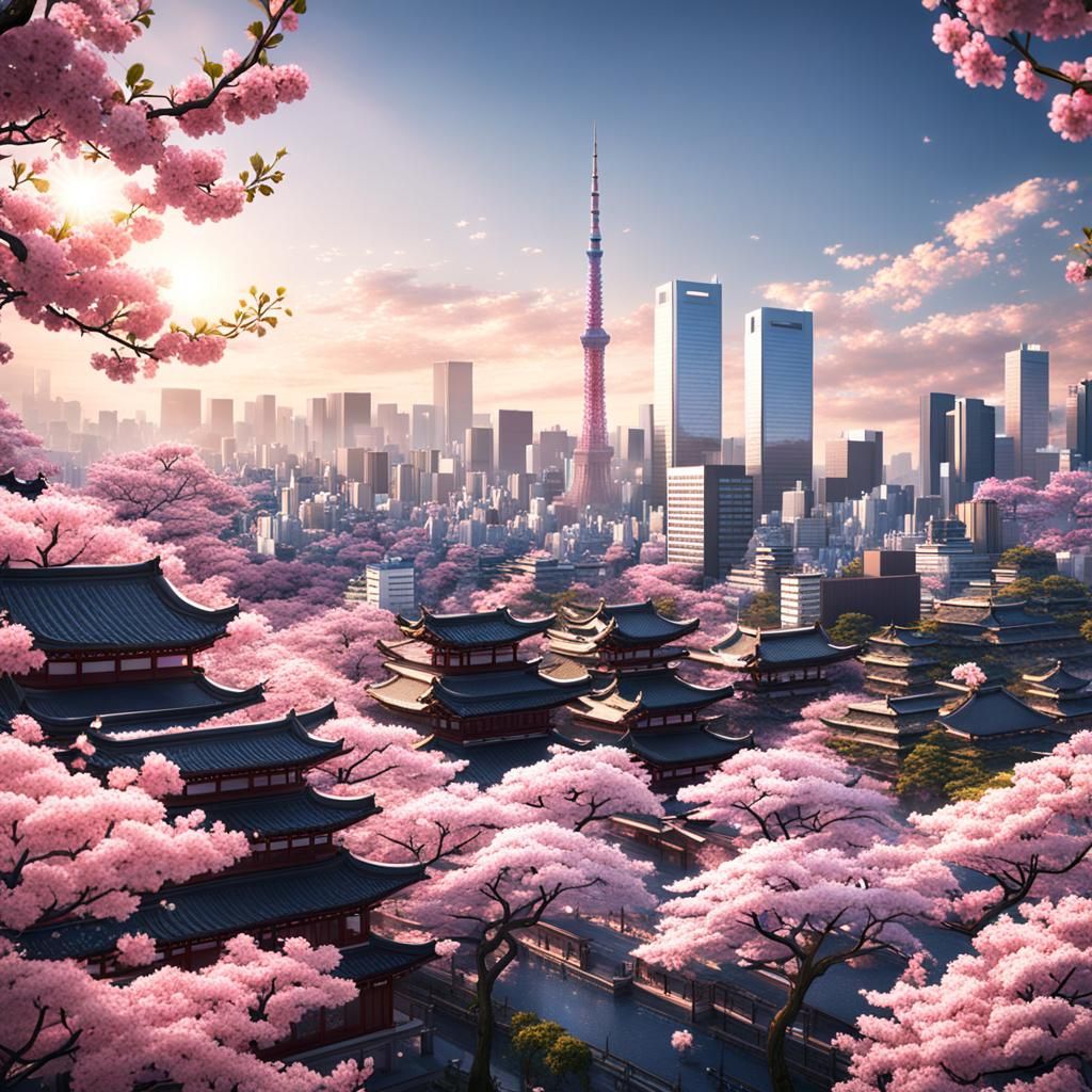 Tokyo Skyline Cherry Blossoms: Artstation Fantasy Art