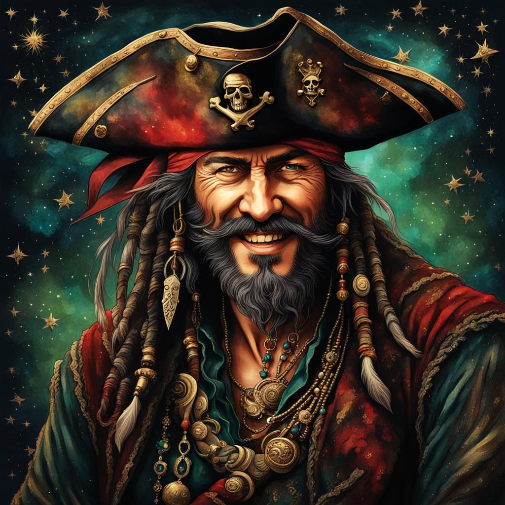 Portrait of a wild pirate with a charismatic grin