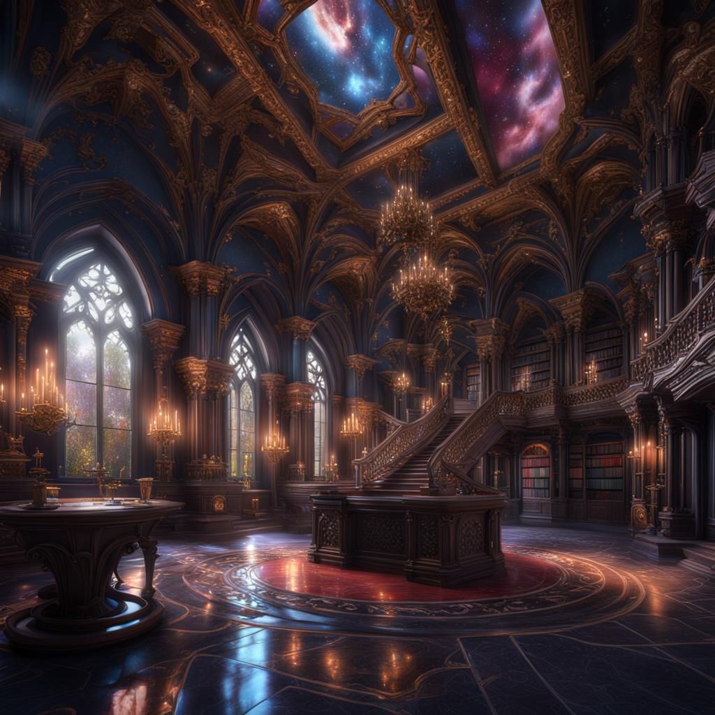 Large galaxy inspired gothic rococo library with reflective ...