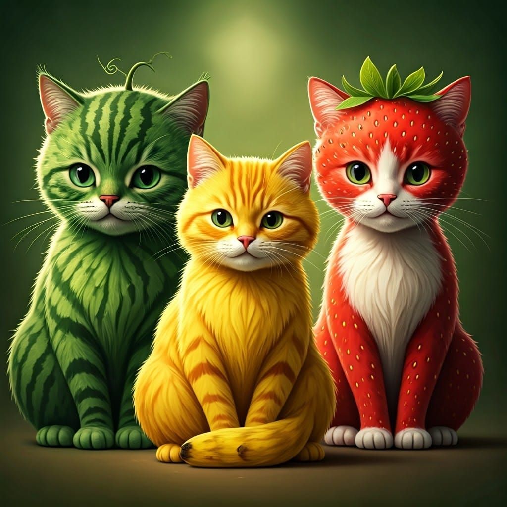 A watermelon cat with striped green fur
A banana cat that's curved and yellow with a peelable tail
A ...  by @Ivanwhw_509