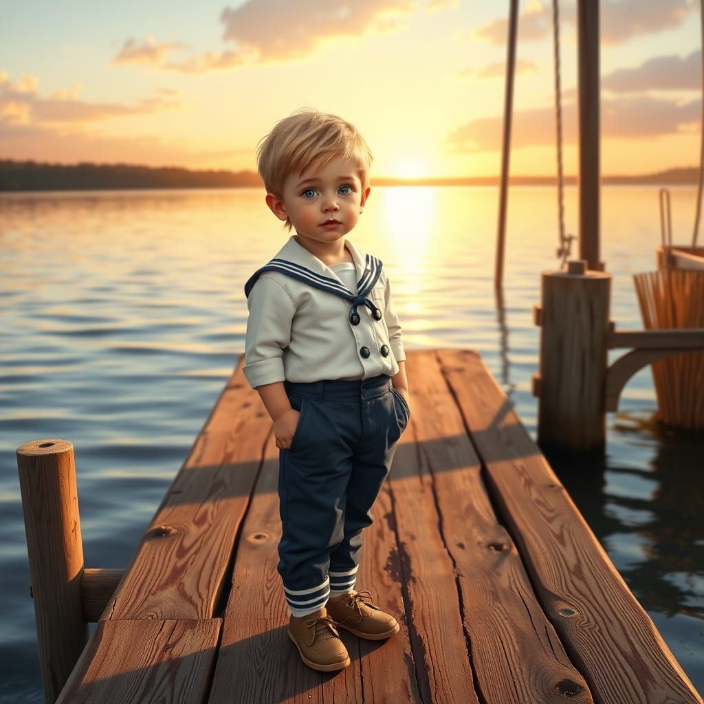 Boy in Sailor Suit at Sunset, Nostalgic Illustration