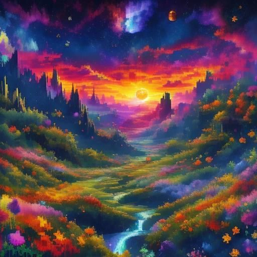 <lora:Spirit World:1.0> A beautiful sun set with the north star halo beautiful flower meadow rivers and waterfalls mountains and caves beaut...