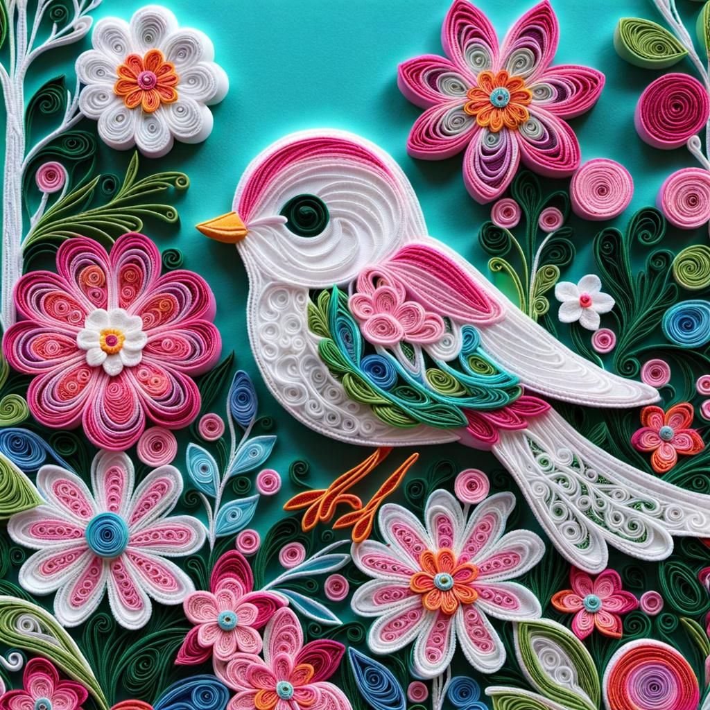 Cute embroidered bird with flowers.