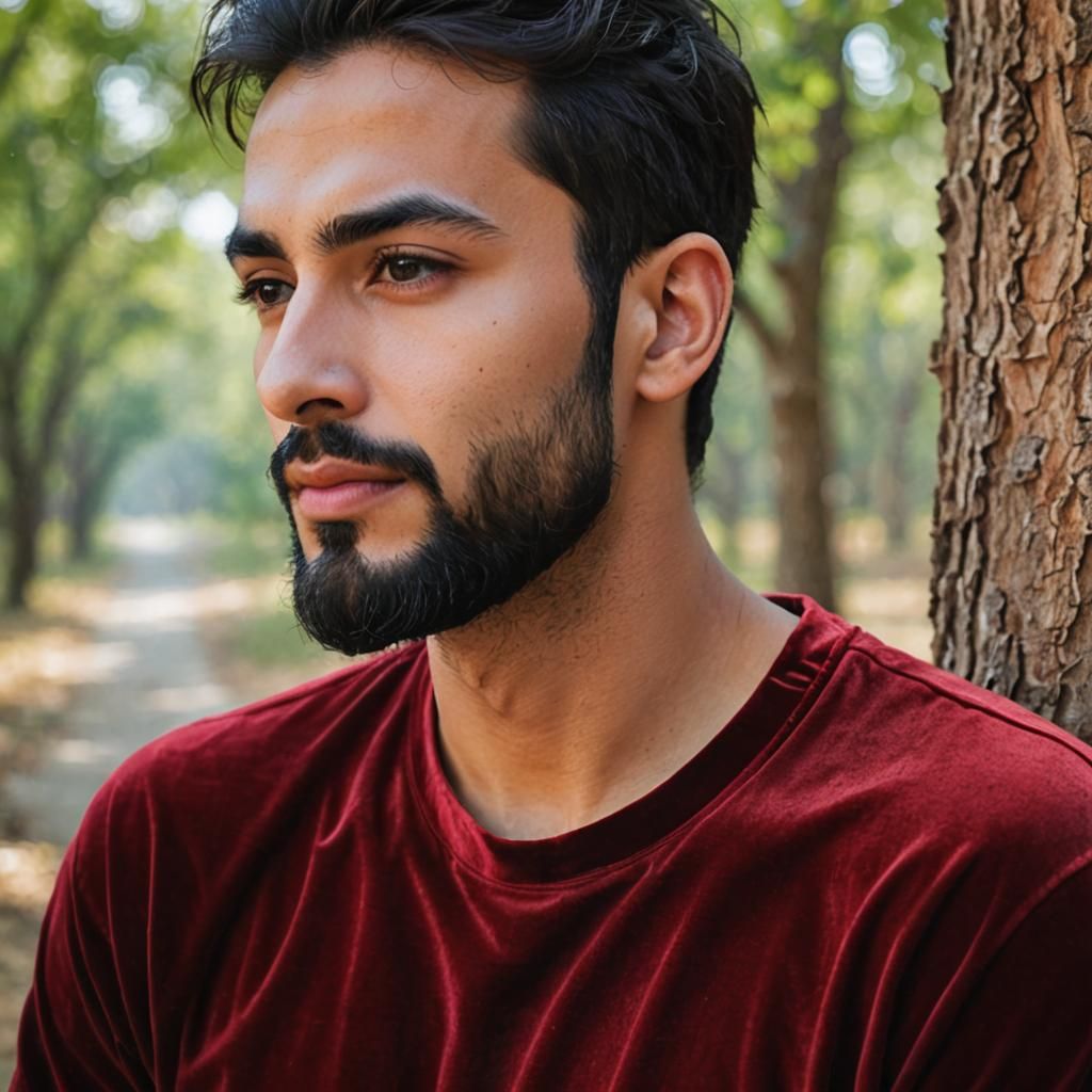 Hatim, a handsome man with black hair and beard, wearing a red T-shirt ...