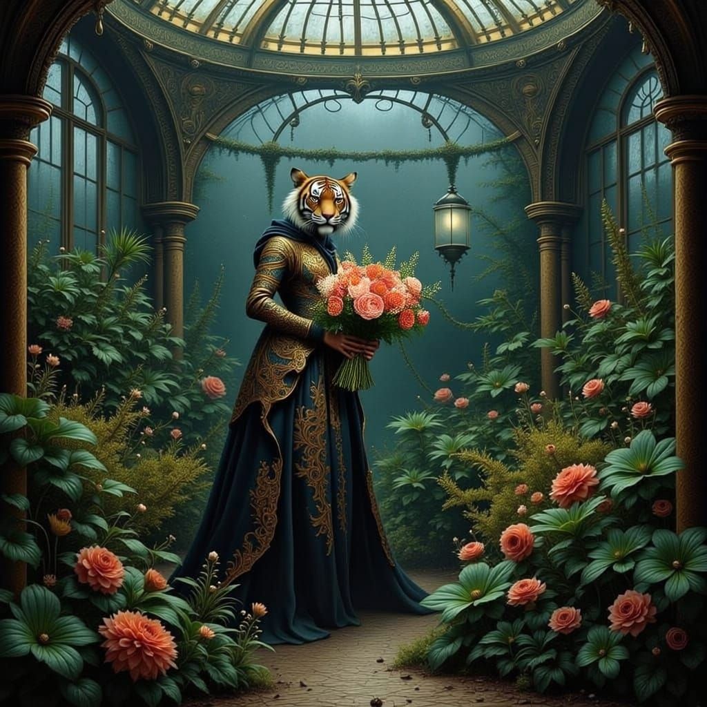 The Bouquet : <lora:AnthroCat:1.0> A majestic anthropomorphic tigress, in an elaborate Victorian gown with intricate golden filigree, walks through a hidd...