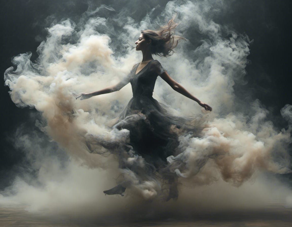 <lora:Smokescreen:1.0>A woman dancing, ethereal, smoke swirling around her feet