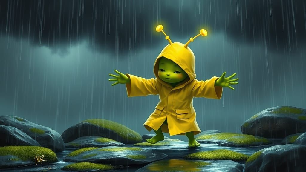 Lime-Green Humanoid Dancing in Rainy Whimsical Realism