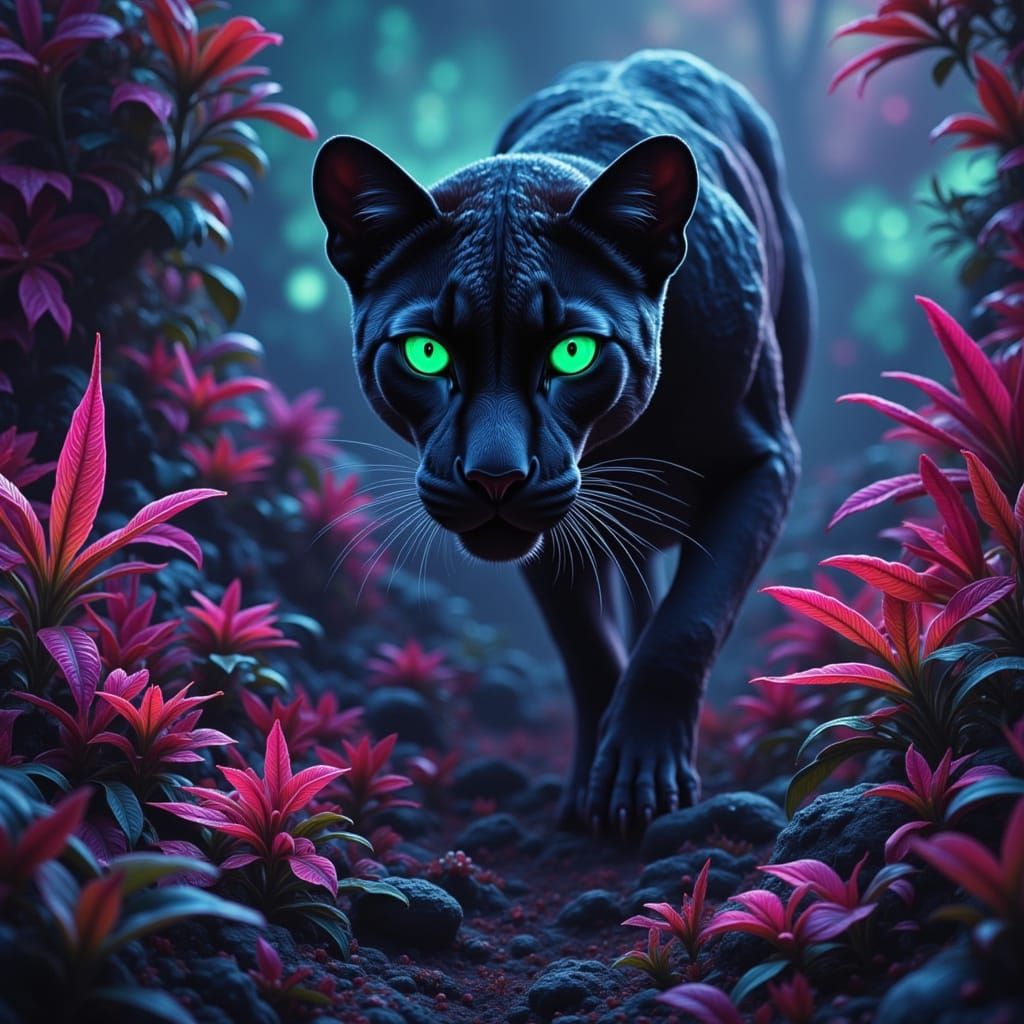 An alien panther with glowing eyes stalks the neon-drenched jungle