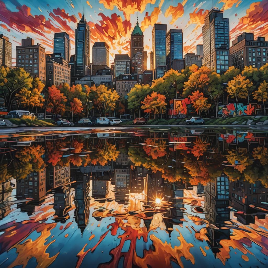 Montreal's autumn skyline under glowing sunset reflection in the river graffiti art, splash art, street art, spray paint...