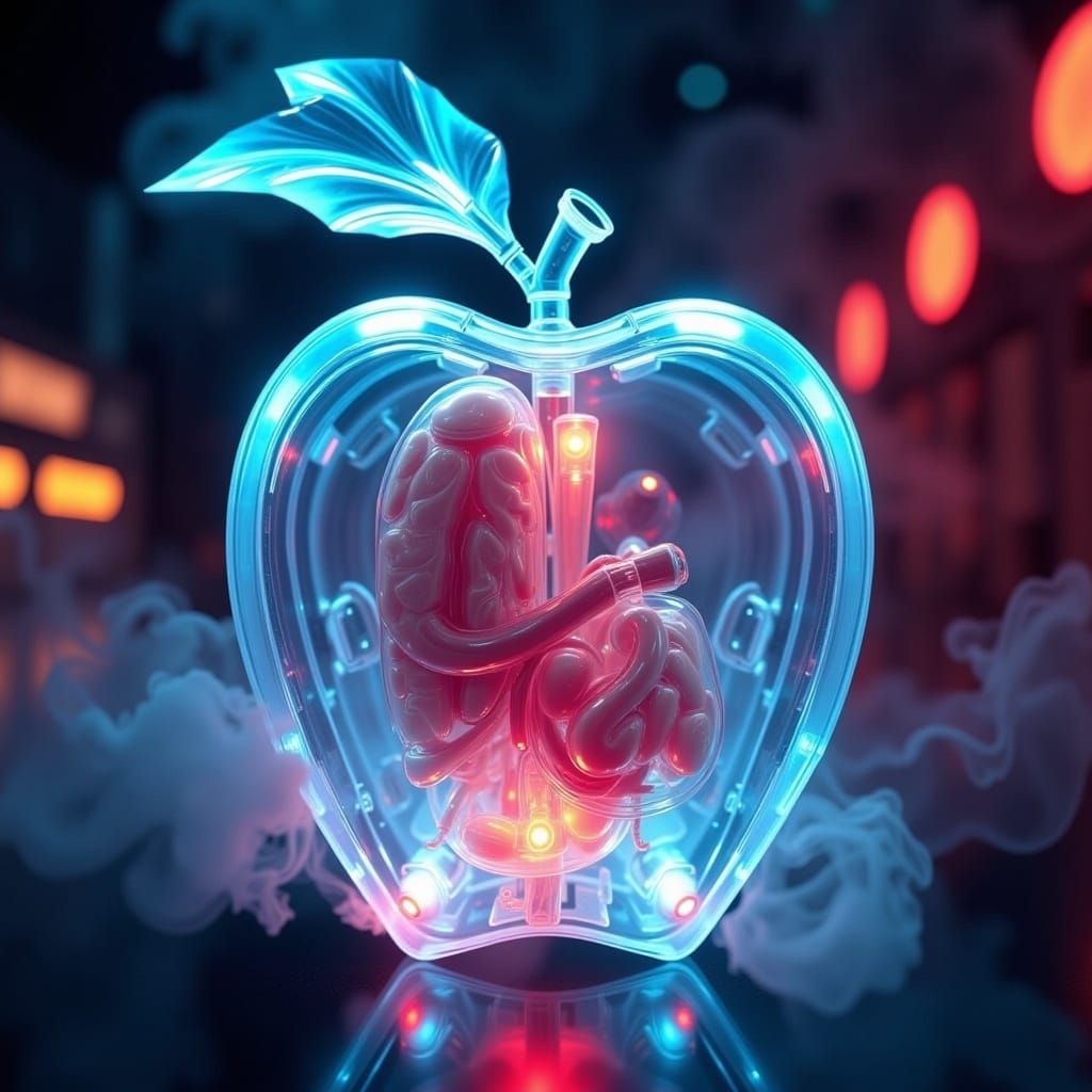 <lora:Cybernetix:1.0> dynamically close up, high-resolution photograph of a translucent softly glowing mechanical "Apple" back lit by neon l...