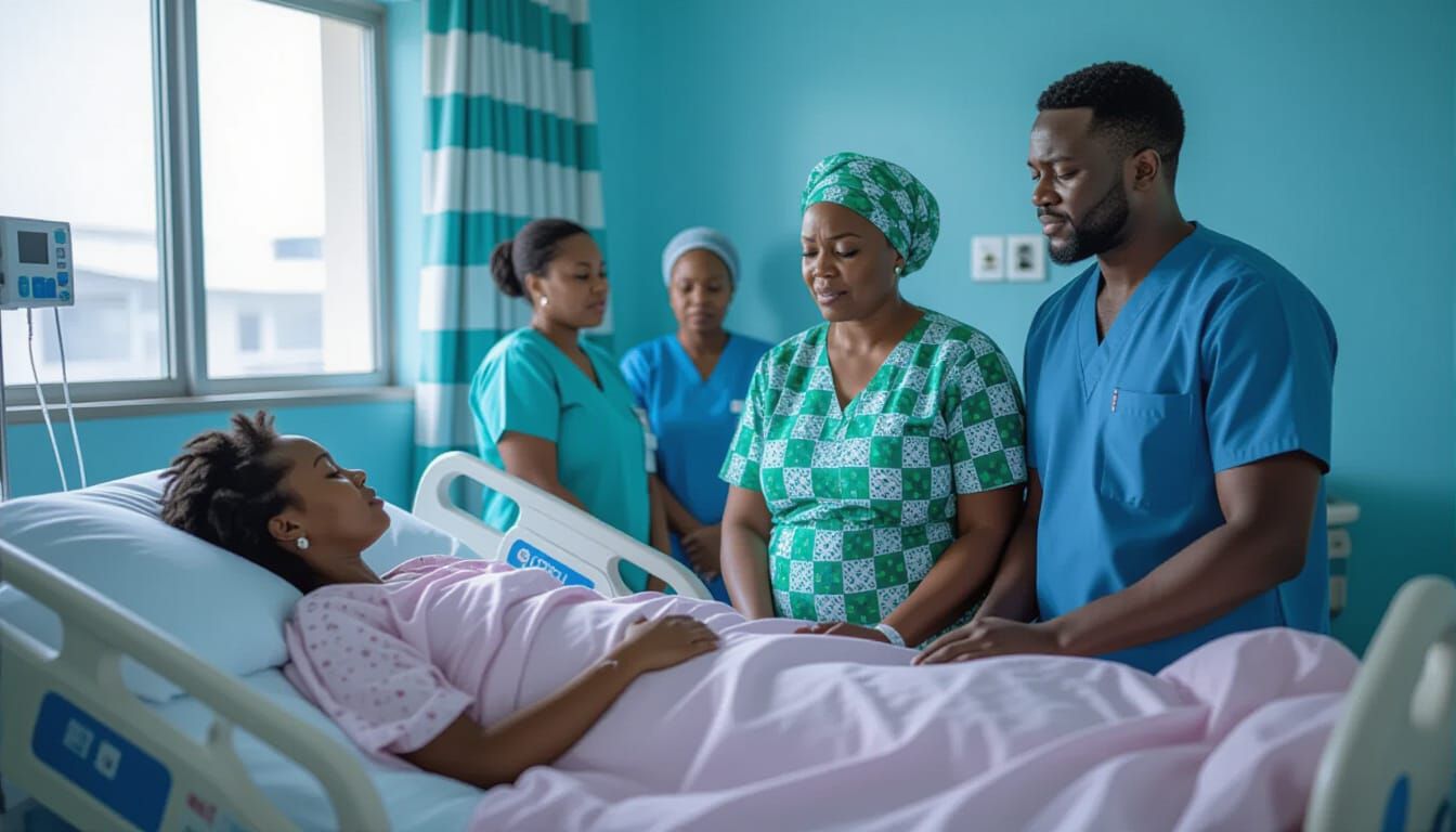 A hospital room with a soft blue background. Dawn light shines faintly through the window. Chinenye, thin and weak, lies on a hospital bed w...