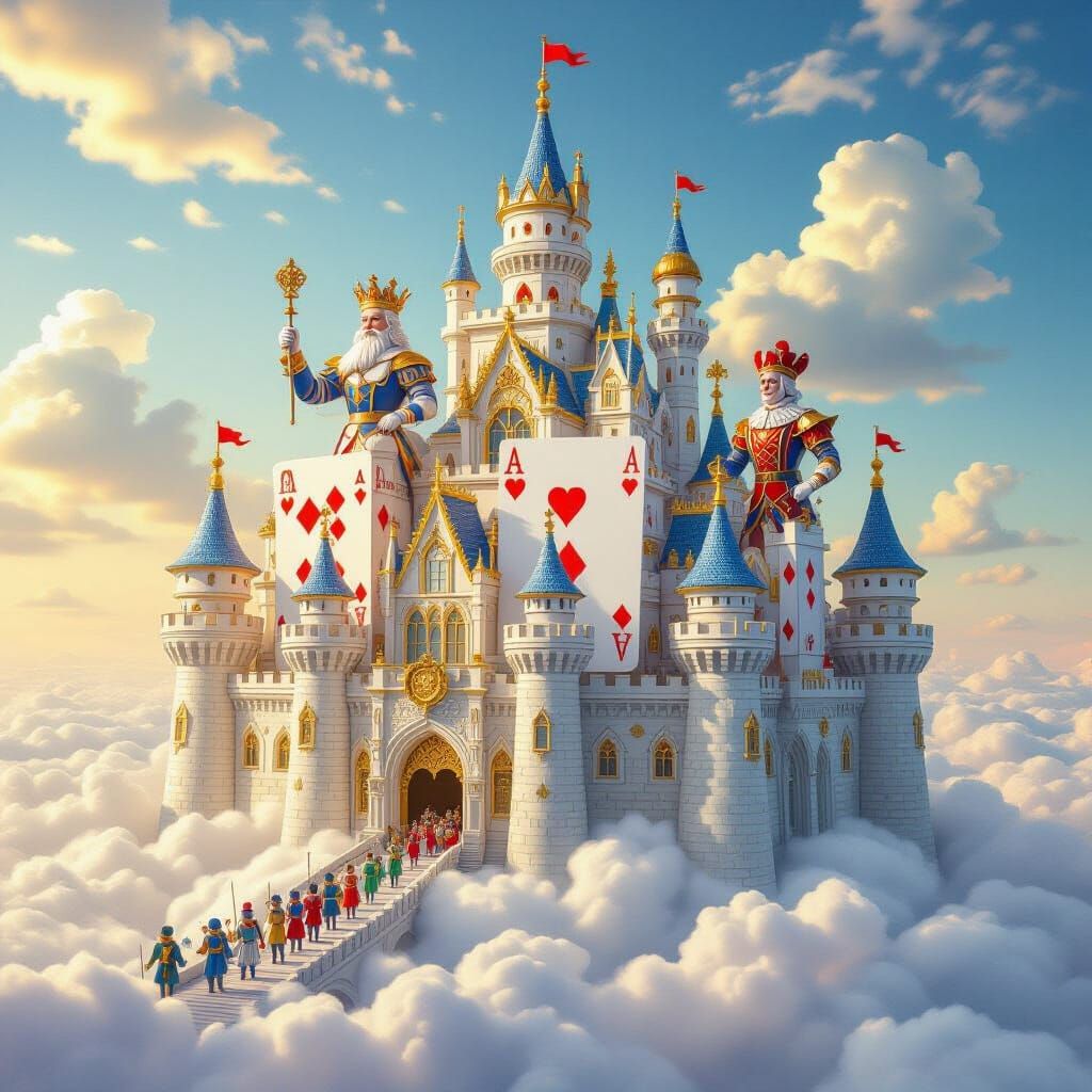 Fantastical Castle of Playing Cards Floating in Clouds