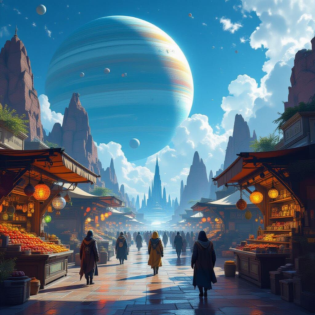 A bustling interstellar marketplace on a vibrant alien world, teeming with exotic creatures and merchants ...  by @Prof Chima Obioma Maduako 