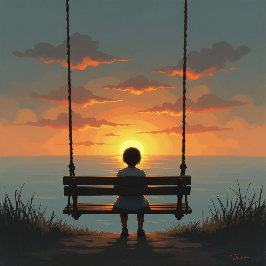 A solitary child sits on a weathered wooden swing, gazing at a distant, glowing horizon. The scene is rendered with thick, textured brushstr...