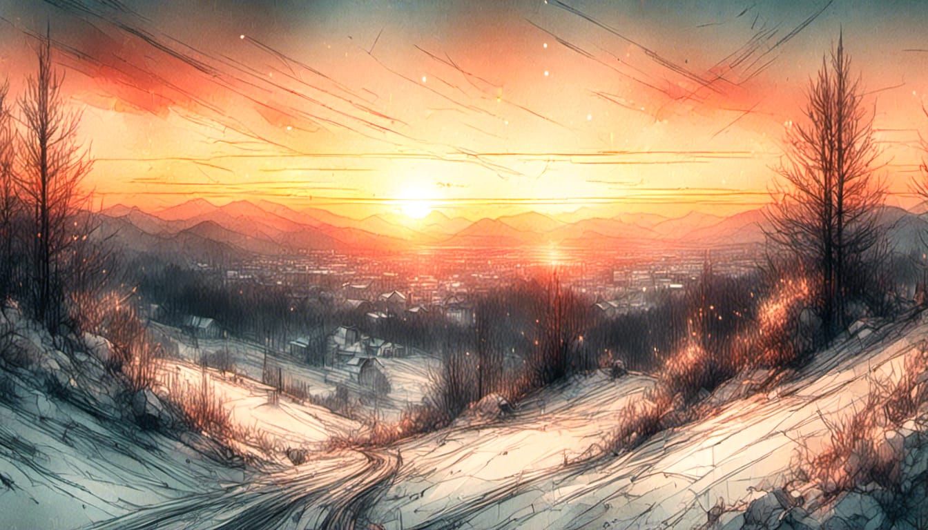 <lora:Abstract landscapes:1.0> <lora:Anime:1.0> Abstract landscape, sunset winter