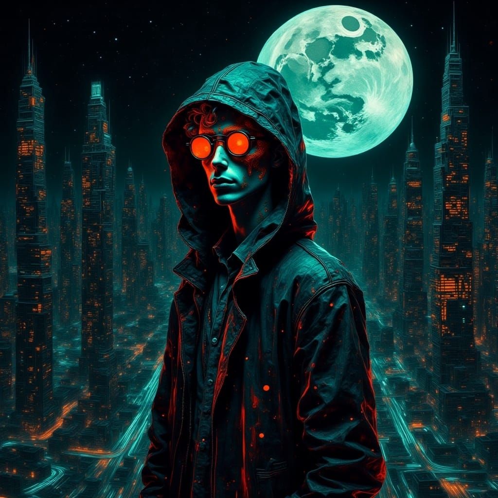 <lora:Fury2Flux:1.0> hooded guy metropolis full moon