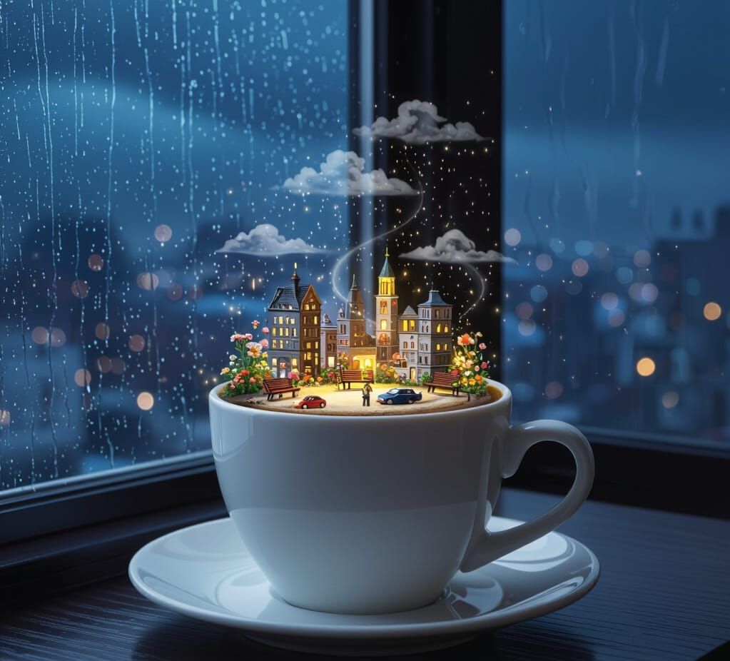 Magical Coffee World on Wooden Table