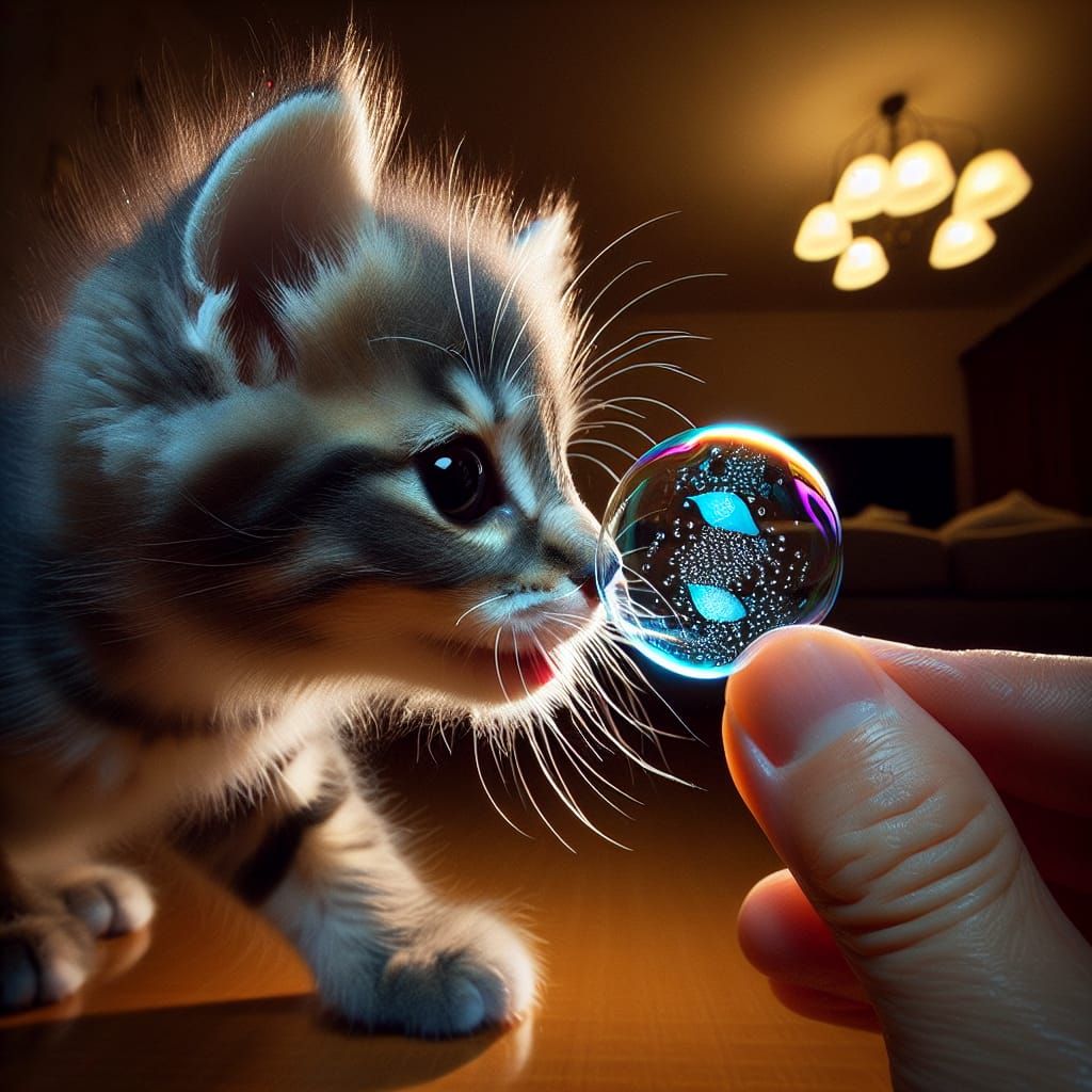 High-speed camera shot of a kitten kissing a bubble, the bubble bursts at the moment of connection
