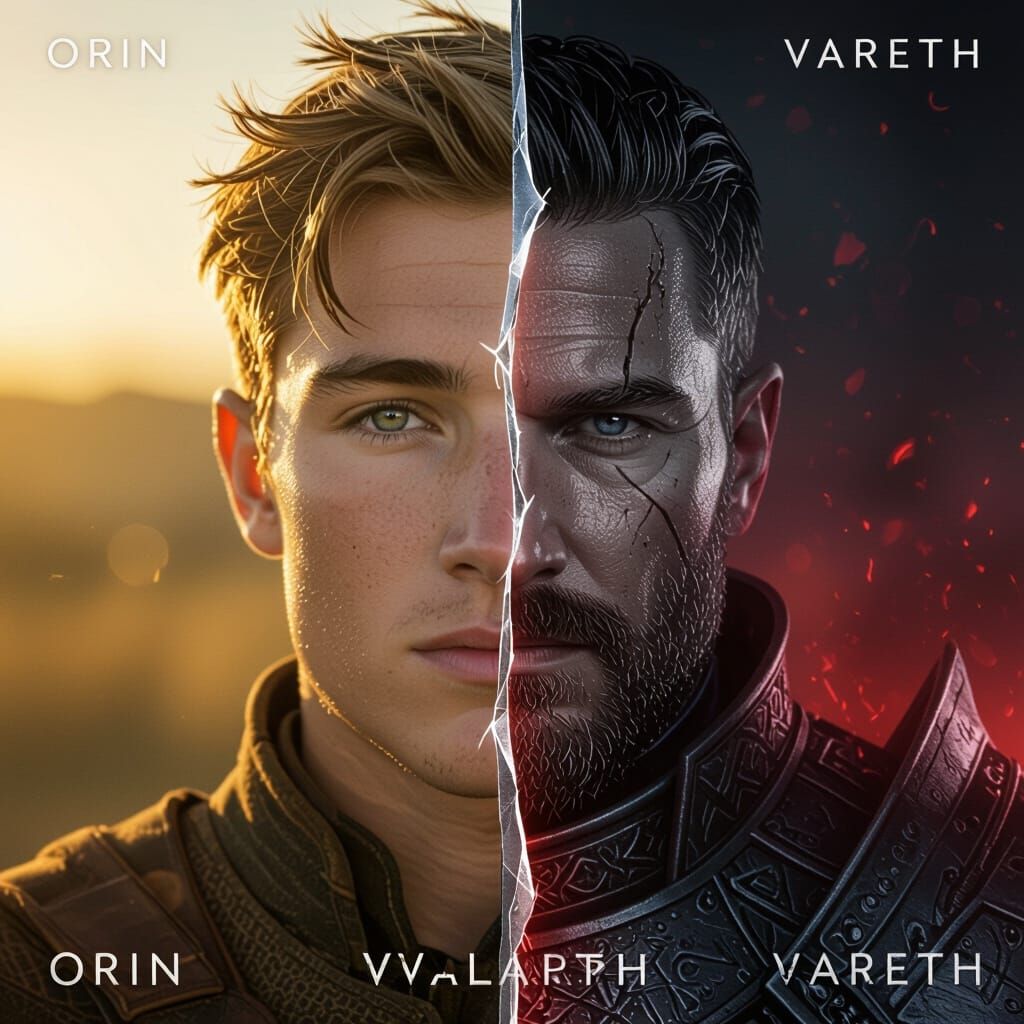 Portrait concept of a single man’s face divided down the middle, showing two timelines.
Left side – Orin: youthful early-twenties hero, brig...