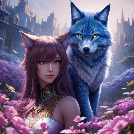 Catgirl Versus Wolfgirl in Anime Cartoon Fantasy