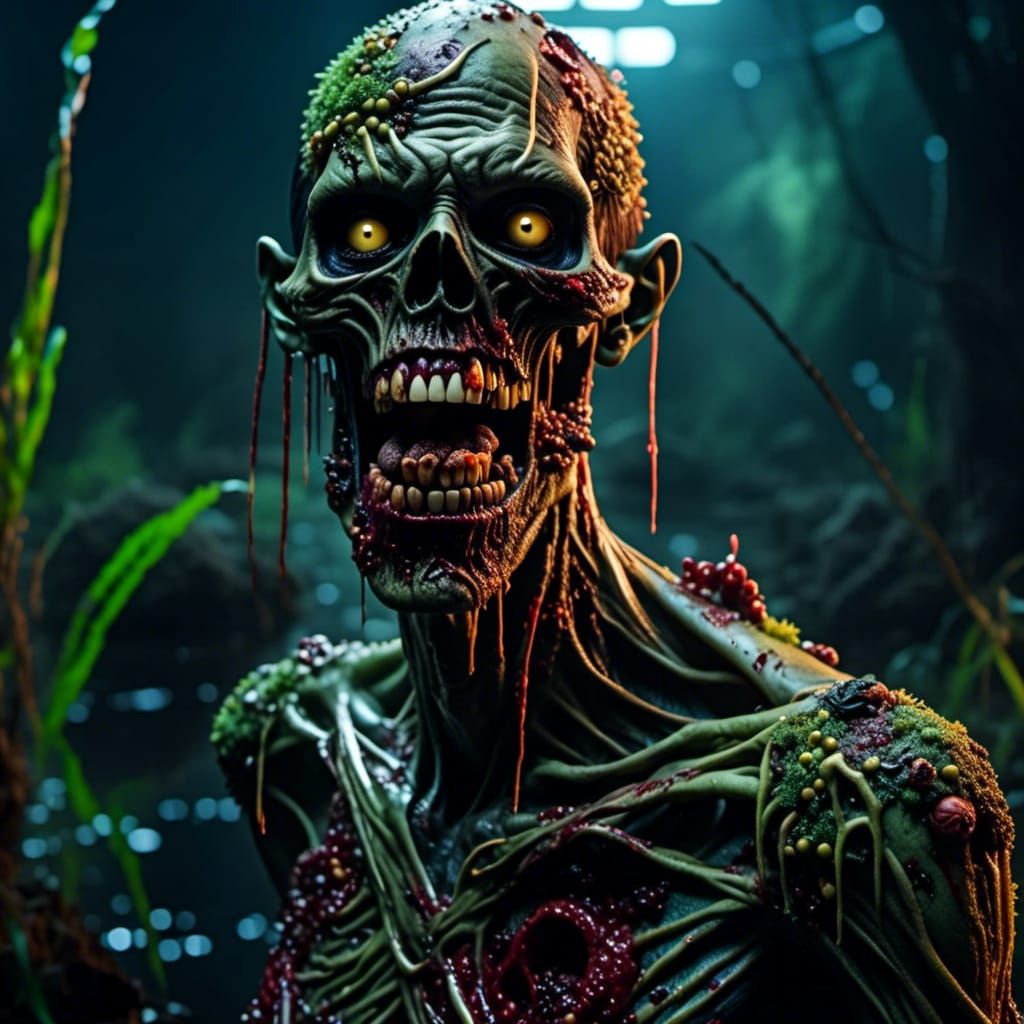 A futuristic zombie from the swamps of Louisiana, highly det...