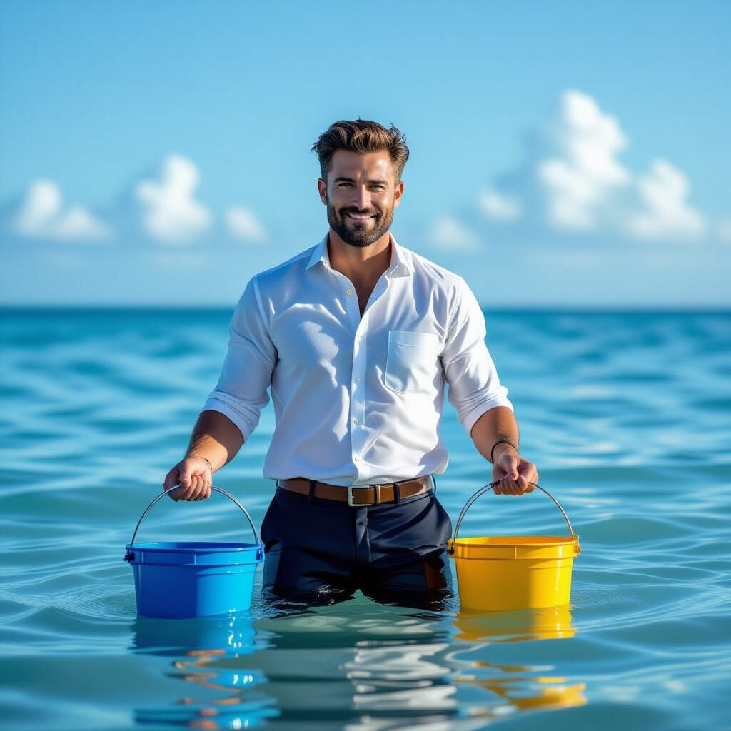 Man holding 2 buckets. He stands in the ocean, Close-up portrait, color portrait, Linkedin profile picture, professional...