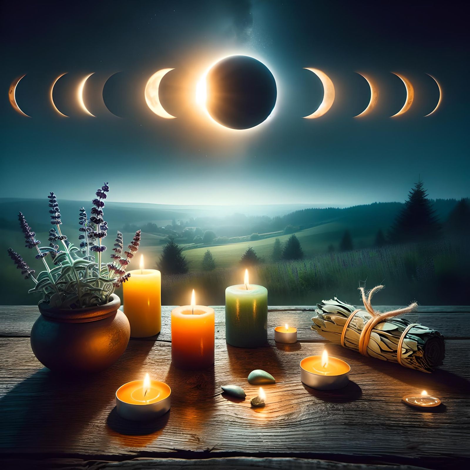 solar eclipse, yellow and orange candles, sage, seed growing...