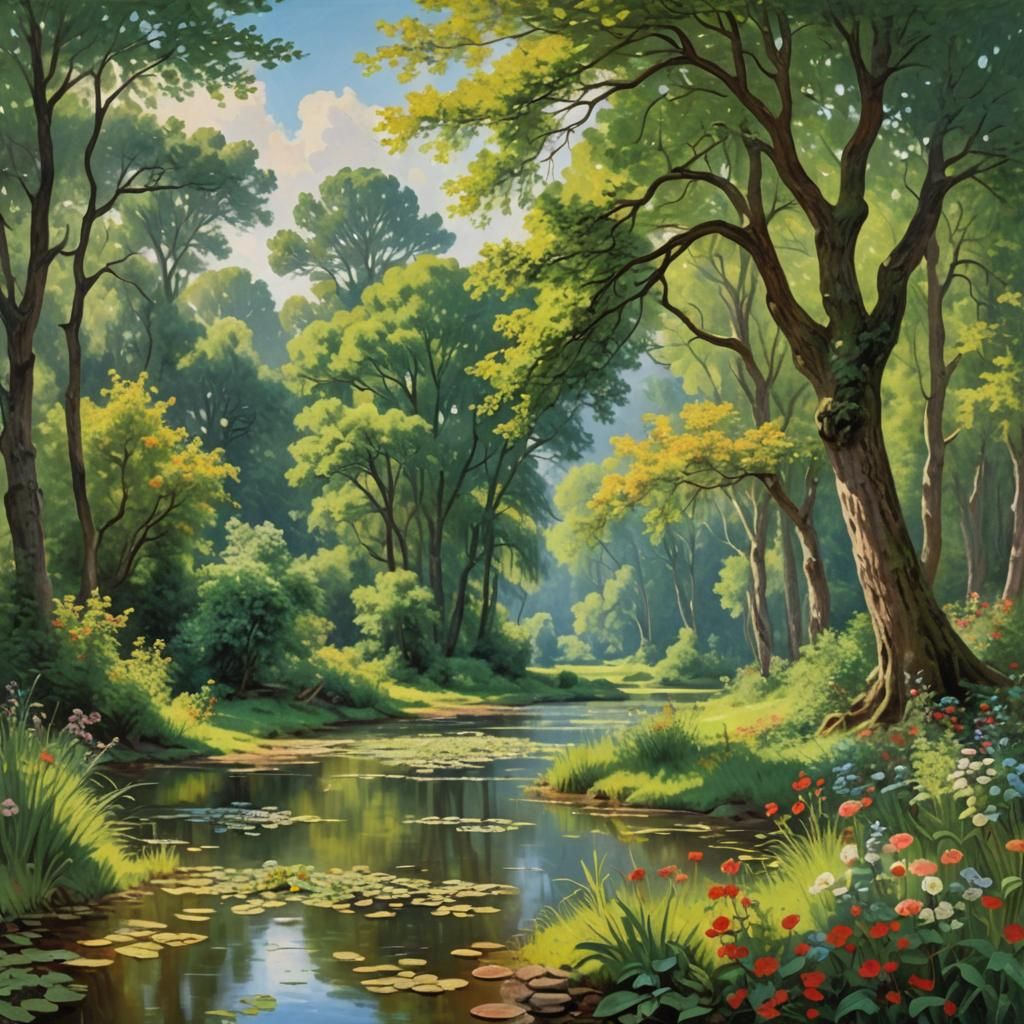 Idyllic landscape in the style of Monet, Bierstadt, and Shis...