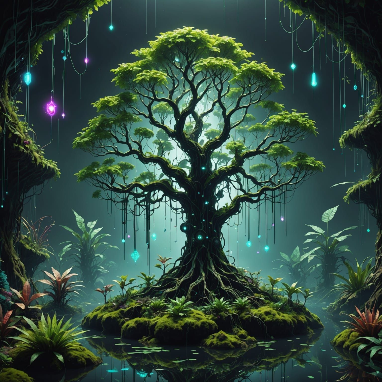 A surreal, hidden ecosystem existing within a glitching digital space. Plants are formed from fragmented ...  by @K J Baker