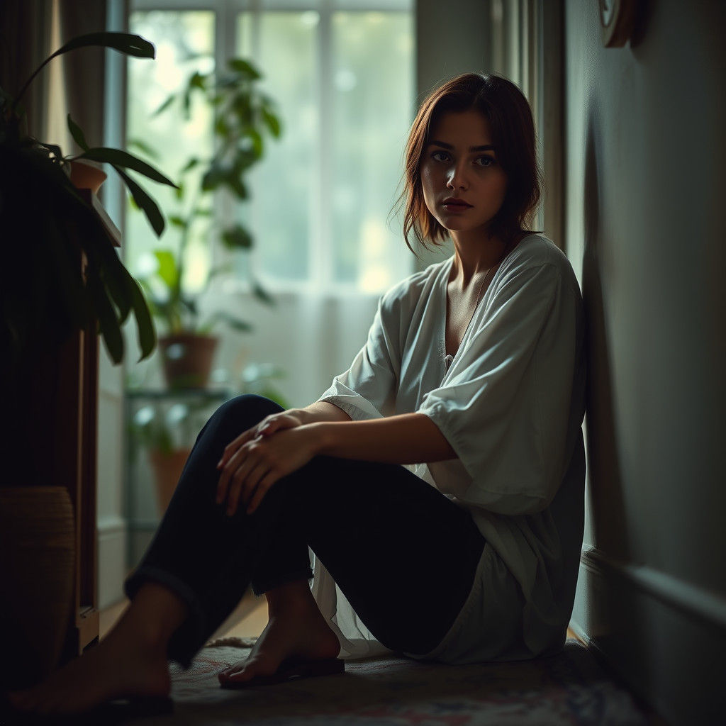 Contemplative Woman in Cozy Room Inspired by Heffernan